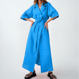 Zjkrl - Cotton Linen Long Wrap Summer Dresses Woman Belt Lace Up Notched Office Women Dress A-Line Elegant Slit Dress Robe Femme