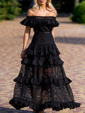 Zjkrl Elegant One-Shoulder Solid Ruffle Long Evening Dress Summer Fashion Sleeveless Swing Dress Classic Lace Hollow Party Sexy Dress