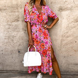 Vintage Floral Print Dresses Women Summer Sexy V Neck Side Slit Elegant Long Dress Female Casual Short Sleeve Button Party Dress