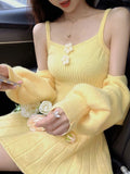Winter Sweet Knitted Two Piece Dress Set Women Casual Coat+Strap Dress Set Female Korean Style Solid Slim Chic Dress Suit 2022