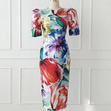 Zjkrl - Elegant Office Women Dress Vintage Floral O-Neck Short Sleeve Slit Slim Midi Club Robe Femme Ladies Vestidos Ropa Mujer Verano