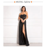 One Sleeve Strapless Long Ball Gown Split Leg Hollow Out Padded Black Glittered Party Maxi Dress