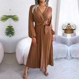 Zjkrl - F 2023 New Women Spring Summer Temperament Cross Solid Color V Neck Large Hem Pleated Long Dress For Fashion