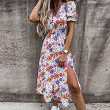 Vintage Floral Print Dresses Women Summer Sexy V Neck Side Slit Elegant Long Dress Female Casual Short Sleeve Button Party Dress