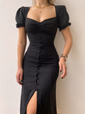 Zjkrl Sexy Square Collar Single Breasted Bodycon Midi Dress Women New Solid Color Puff Sleeve Split Summer Package Hip Party Vestidos