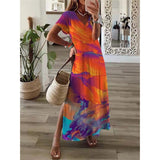 Zjkrl Vintage Print Maxi Dress Women 2023 Summer Elegant V Neck Short Sleeve Loose Split Casual Dress Female Party Boho Beach Vestidos