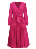 Zjkrl - Dress for Women Solid Color V Neck Long Sleeve Slim-fitting Pleated Dress Spring Summer Temperament Elegant Evening Party Skirts
