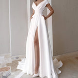 Zjkrl Elegant Casual Women's Dresses Sexy V-neck Side Slit Backless White Long Skirt Wedding Banquet Bridesmaid Dress Evening Gown