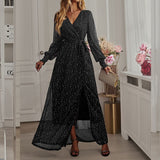 Women's Dresses for Fall Elegant Split hem Dress V-neck Full Sleeve Lace up Mesh Dotted Boho Party Skinny A-line Maxi Dresses