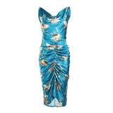 Zjkrl Women Cowl Neck Satin Ruched Floral Print Dress Sleeveless Bodycon Skinny Elegant Dress Midi Party Dress Robe Longue Femm