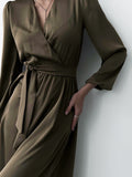 Long Dress Slit Deep v-Neck Temperament Elegant Casual Solid Color Long-Sleeved Robe Female With Belt For Party 2023 Fashion