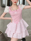 Zjkrl - Elegant Sweet Dress Women Vintage Patchwork Party Mini Dresses Female Korean Fashion Holiday Square Collar Casual Dress Summer