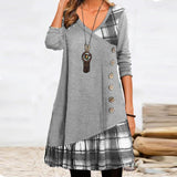 Zjkrl - Fashion Long Sleeve V Neck Midi Dress Autumn Ladies Button Splicing Loose Dress New Vintage Geometric Puzzle Print A-line Dress