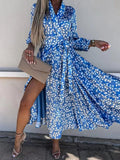 Women Casual Loose Commuter Dresses Spring Long Sleeve Vintage Print Boho Maxi Dress Fashion Lapel Chic Lace Up Party Dress