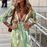 Zjkrl - Elegant Floral Print Holiday Boho Long Dress 2023 New Spring Casual Beach Dress Feminine V-Neck Half-Sleeve Ruffled Waist Dress