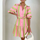 Zjkrl - Fashion Striped Print Button Shirt Dress Women Casual Lantern Sleeve Mini Dress Elegant Loose Ladies Belted A-Line Beach Dresses