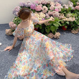 Zjkrl 2023 Summer French Vintage Floral  Beach Dress Puff Sleeve Sexy Backless Slip Dresses Elegant Temperament Korea Long Dress