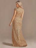 Zjkrl New Luxury Champagne V-Neck Sequin Evening Dress Women Party Maxi Dress Beading Gowns Long Prom Cocktail Dresses