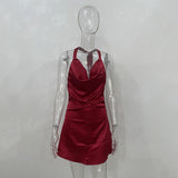 Zjkrl - Backless Rose Red Halter Satin Dress Summer Sleeveless Short Party Club Sundress Bowknot Lace Up Maxi Dress Vestidos