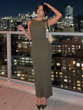 Zjkrl - Green Knitted Dress for Women 2023 Summer Sexy O-Neck Sleeveless Split Elegant Maxi Dress Club Party Outfits Casual Long Dress