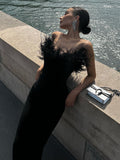 Zjkrl - Elegant Strapless Long Party Dresses Women Bodycon Sexy Fashion Feather Sexy Sleeveless Backless Party Club Midi Dress