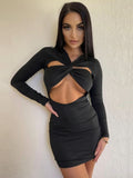 Zjkrl - Autumn Hollow Out Mini Dress For Women Fashion Robe Black Long Sleeve Bodycon Ruched Short Dress Vestido