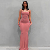 Zjkrl 2023 Summer Women Sexy Spaghetti Strap Black Skims Long Dress Y2k Sleeveless Solid Skinny Bodycon Trumpet Maxi Dresses Vestidos