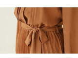 Zjkrl Elegant Chiffon Long Sleeve Shirt Dress Women Belt Lace Up A-line Pleated Maxi Dress Korean Fashion Fall Clothes Streetwear