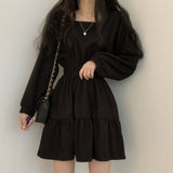 Zjkrl Women Long Sleeve Dresses Solid Color Square Collar A-line Sweet Vintage Design High Waist Mini Length Soft Chic Korean Elegant