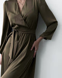 Long Dress Slit Deep v-Neck Temperament Elegant Casual Solid Color Long-Sleeved Robe Female With Belt For Party 2023 Fashion