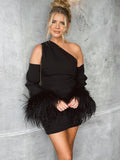Zjkrl Sexy 2023 Spring Outfits One Shoulder Diagonal Collar Backless Long Sleeve Feather Short Dress Black White Evening Party Dresses