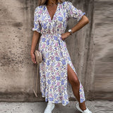 Vintage Floral Print Dresses Women Summer Sexy V Neck Side Slit Elegant Long Dress Female Casual Short Sleeve Button Party Dress