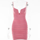 Spaghetti Strap Ruched Dress Women 2023 Spring Sexy Slim Elegant Clubwear Solid Sleeveless Backless Sheath Dress Female