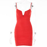 Spaghetti Strap Ruched Dress Women 2023 Spring Sexy Slim Elegant Clubwear Solid Sleeveless Backless Sheath Dress Female