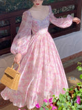 Zjkrl - French Vintage Long Sleeve Dress Woman Fairy Elegnat Floral Midi Dress Evening Party One Piece Korean 2022 Summer Chiffon Beach