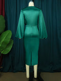 Zjkrl Long Sleeve Green Dresses Bodycon Elastic Satin Smocked Midi Dress Elegant Big Size Shiny Evening Christmas Party Church Outfits