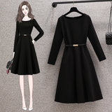 Small black skirt women&#39;s large size spring and autumn new Korean fashion OL temperament elegant long A- character casual dress