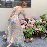 Zjkrl 2023 Summer French Vintage Floral  Beach Dress Puff Sleeve Sexy Backless Slip Dresses Elegant Temperament Korea Long Dress