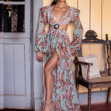 Zjkrl Sexy V-Neck Backless Hollow Out Dress 2023 Summer Women Lantern Sleeve Club Party Long Maxi Dresses Tunic Beach Cover Up A916