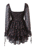 Women Sexy Cross Bandage Black Flower Print Puff Long Sleeve Dress 3 layer Wood Ears Ruffles Hem Cake Mini Holiday Robe