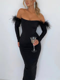 Zjkrl Party Dresses For Women Outfits Elegant Off-shoulder Feather Sleeve Maxi Dress Women New Strapless Backless Bodycon Long Dress Vestido