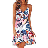 Zjkrl S-2XL 17Colors Print Ruffles Sleeveless Fit Flare Dress Casual V-Neck Women Beach Party Entertainment Daily Suspender Wear
