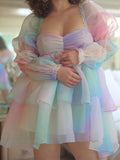 Zjkrl - 2023 Women Gradient Rainbow Print Organza Dress Vintage Puff Sleeve Sexy Backless Ladies Party Mini Robe Fairy Cake Dress