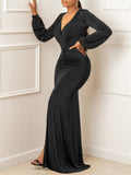 Zjkrl - Elegant Evening Dresses Long Patry Gown Sexy Deep V Long Sleeve Mermaid Bodycon Split Maxi Robe Femme