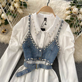 Zjkrl 2023 New High-End White Shirt Dress Female Lapel Diamond Pearl Luxury Shirt Short Denim Vest Chic Two Piece Sets Female Fashion