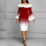 Zjkrl - 2023 New Year Dresses Flare Sleeve Slim Slash Neck Gradient Printed Dress Winter Fashion Fur Off Shoulder Women Christmas Dress