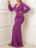 Zjkrl - Elegant Evening Dresses Long Patry Gown Sexy Deep V Long Sleeve Mermaid Bodycon Split Maxi Robe Femme
