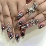 Zjkrl - 24pcs/box Fake French y2k Nails Press On Long Stiletto Almond Shape Wearable False Nails With Stars Designs Full Cover Nail Tips