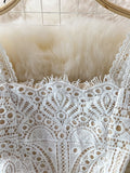 Zjkrl White Lace Dresses for Women Summer 2023 New Puff Sleeve Square Collar Back Zipper Hollow Out A-Line Evening Midi Dress
