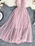 Summer Bling Stars Sequin Dress Women Vintage V Neck Sexy Mesh Dresses Vestidos Mujer Ladies Spaghetti Strap Party Tulle Dress